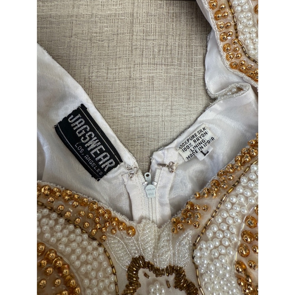 Vintage Jagswear 100% Pure Silk Beaded Pearl Evening Gown Open Back Dress Size L - Picture 7 of 11